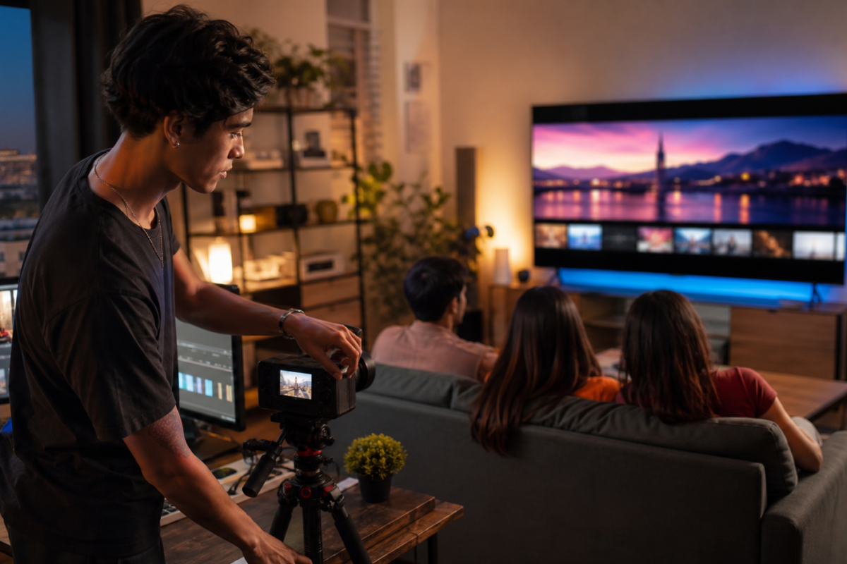 Creador ajusta una cámara mientras un grupo ve contenido digital en una televisión conectada