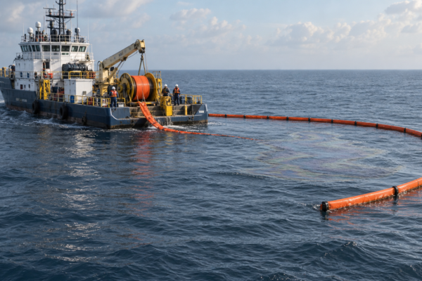 Embarcación de mantenimiento despliega equipo de contención sobre una presencia de aceite crudo en el mar